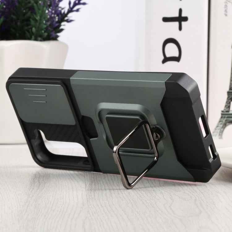 For Samsung Galaxy S22 5G Sliding Camera Cover Design PC + TPU Shockproof Phone Case with Ring Holder & Card Slot(Dark Green) by buy2fix