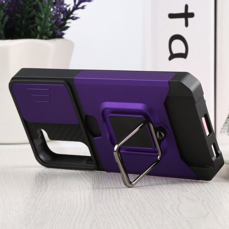 For Samsung Galaxy S22 5G Sliding Camera Cover Design PC + TPU Shockproof Phone Case with Ring Holder & Card Slot(Purple) by buy2fix