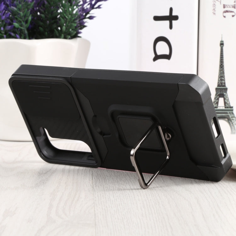 For Samsung Galaxy S22+ 5G Sliding Camera Cover Design PC + TPU Shockproof Phone Case with Ring Holder & Card Slot(Black) by buy2fix