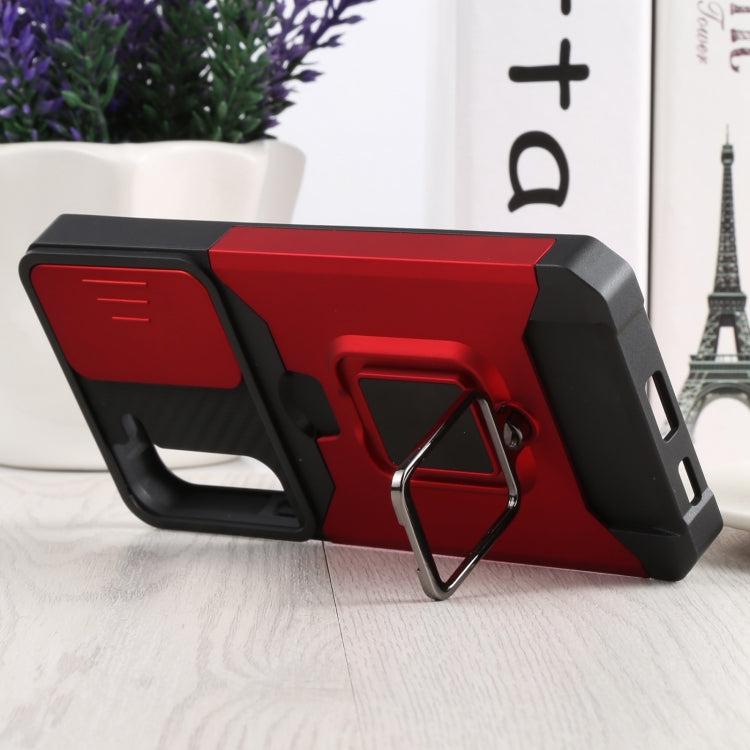 For Samsung Galaxy S22+ 5G Sliding Camera Cover Design PC + TPU Shockproof Phone Case with Ring Holder & Card Slot(Red) by buy2fix