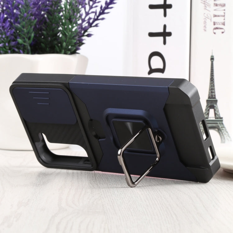 For Samsung Galaxy S22+ 5G Sliding Camera Cover Design PC + TPU Shockproof Phone Case with Ring Holder & Card Slot(Blue) by buy2fix
