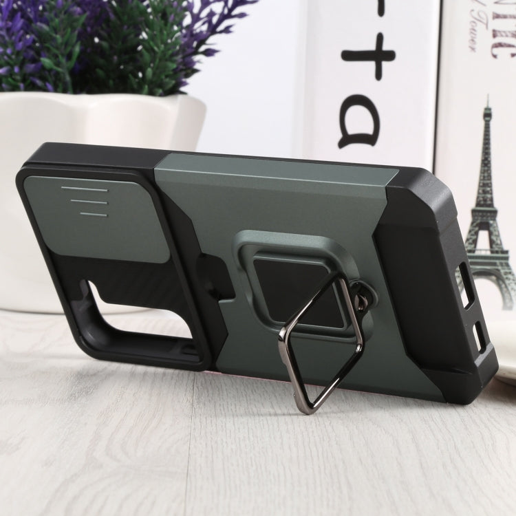 For Samsung Galaxy S22+ 5G Sliding Camera Cover Design PC + TPU Shockproof Phone Case with Ring Holder & Card Slot(Dark Green) by buy2fix