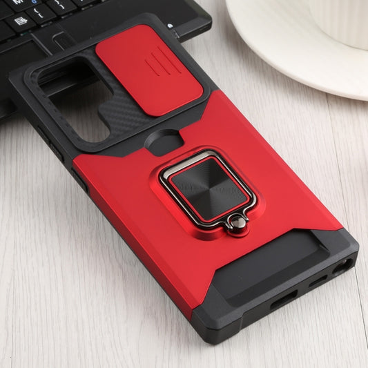 For Samsung Galaxy S22 Ultra 5G Sliding Camera Cover Design PC + TPU Shockproof Phone Case with Ring Holder & Card Slot(Red) by buy2fix