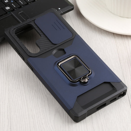 For Samsung Galaxy S22 Ultra 5G Sliding Camera Cover Design PC + TPU Shockproof Phone Case with Ring Holder & Card Slot(Blue) by buy2fix