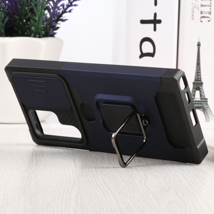 For Samsung Galaxy S22 Ultra 5G Sliding Camera Cover Design PC + TPU Shockproof Phone Case with Ring Holder & Card Slot(Blue) by buy2fix
