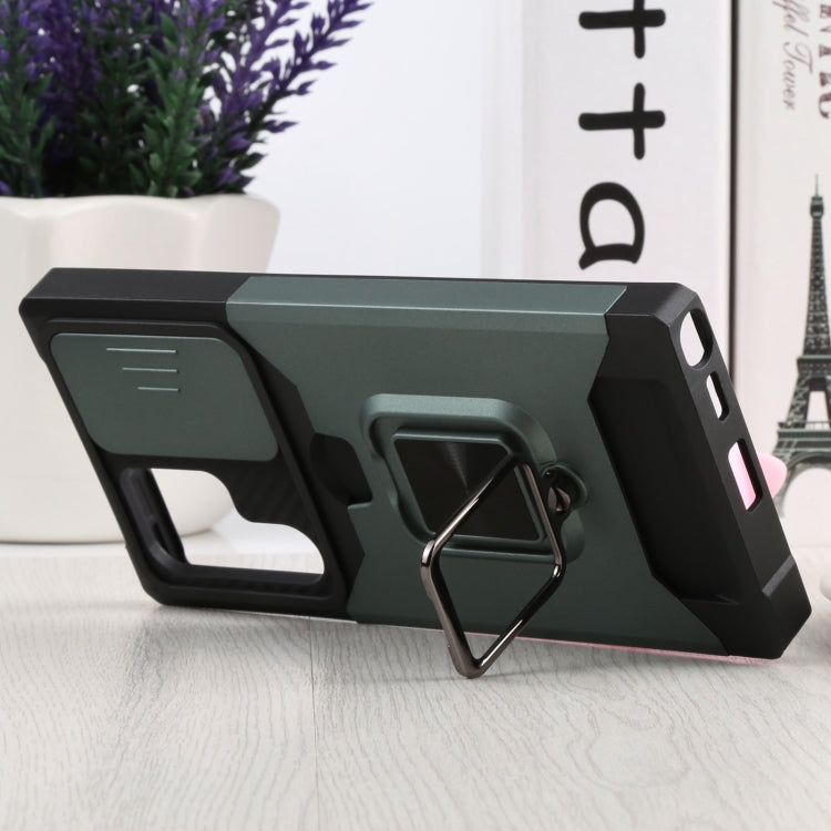 For Samsung Galaxy S22 Ultra 5G Sliding Camera Cover Design PC + TPU Shockproof Phone Case with Ring Holder & Card Slot(Dark Green) by buy2fix