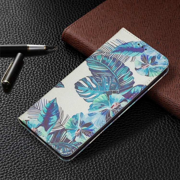 For Xiaomi Redmi Note 11 5G Colored Drawing Invisible Magnetic PU Leather Phone Case(Blue Leaf) by buy2fix