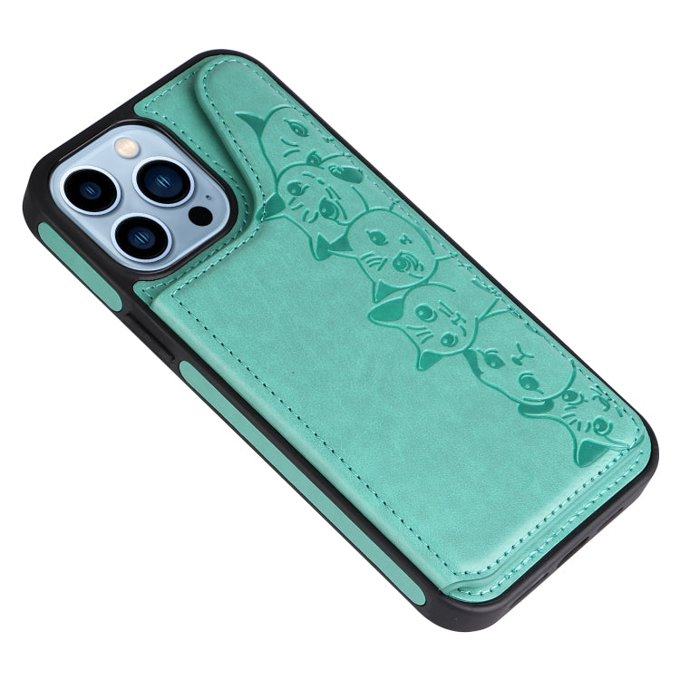 For iPhone 13 Pro Max Six Cats Embossing Pattern Shockproof Phone Case (Green) by buy2fix
