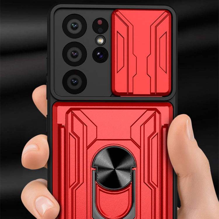 For Samsung Galaxy S21 Ultra 5G Camera Cover Phone Case with Card Slot & Holder(Black) by buy2fix