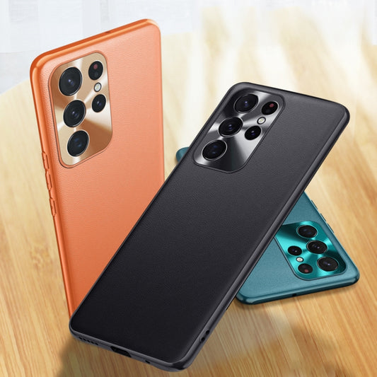 For Samsung Galaxy S22 Ultra 5G Plain Skin Leather Phone Case(Cyan) by buy2fix