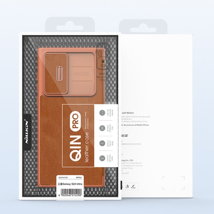 For Samsung Galaxy S22 5G NILLKIN QIN Series Pro Sliding Camera Cover Design Leather Phone Case(Brown) by NILLKIN