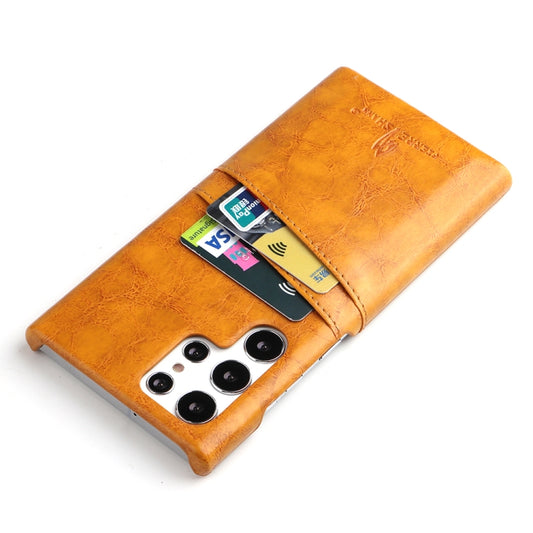 For Samsung Galaxy S22 Ultra 5G Fierre Shann Retro Oil Wax Texture PU Leather Phone Case with Card Slots(Yellow) by FIERRE SHANN