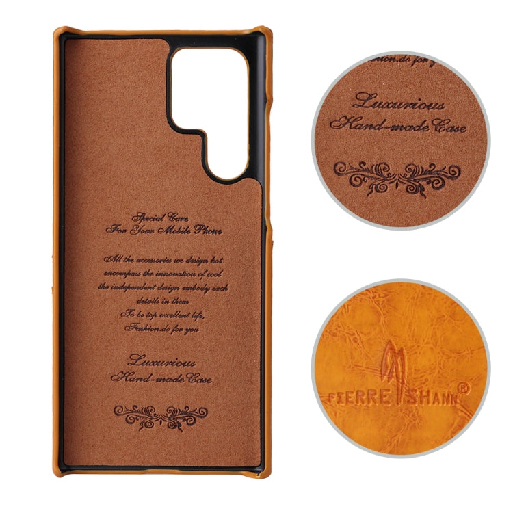 For Samsung Galaxy S22 Ultra 5G Fierre Shann Retro Oil Wax Texture PU Leather Phone Case with Card Slots(Yellow) by FIERRE SHANN