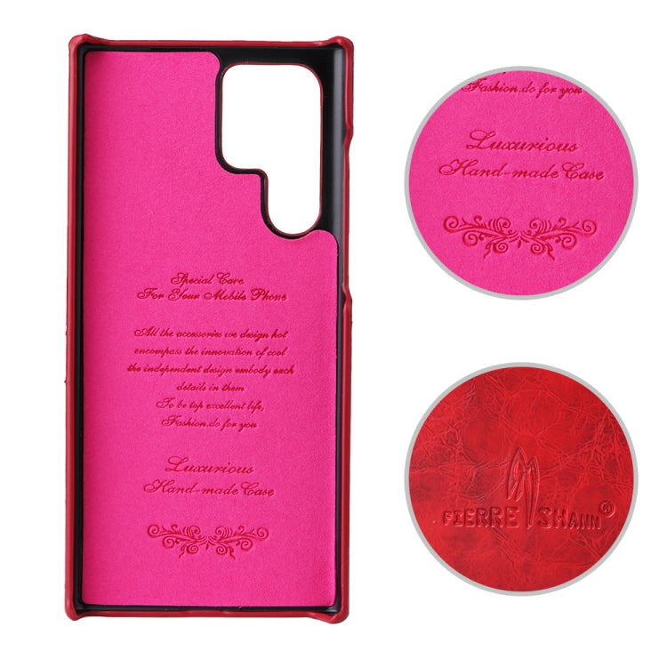For Samsung Galaxy S22 Ultra 5G Fierre Shann Retro Oil Wax Texture PU Leather Phone Case with Card Slots(Red) by FIERRE SHANN