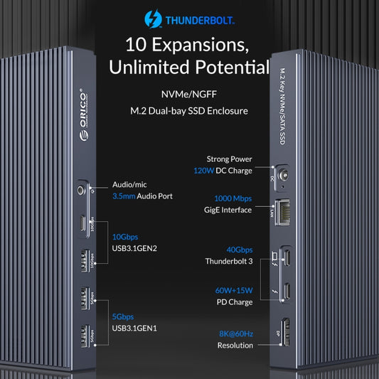 ORICO TB3-S2 Thunderbolt 3 M.2 Dual-bay Docking Station(Grey) by ORICO