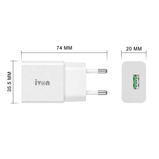 IVON AD-35 2 in 1 18W QC3.0 USB Port Travel Charger + 1m USB to Micro USB Data Cable Set, EU Plug(White) by IVON