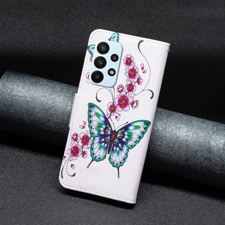 For Samsung Galaxy A23 5G Colored Drawing Pattern Flip Leather Phone Case(Peach Blossom Butterfly) by buy2fix