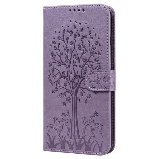 For iPhone 13 Pro Max Tree & Deer Pattern Pressed Printing Horizontal Flip Leather Phone Case For iPhone 12 Pro Max / 13 Pro Max(Purple) by buy2fix