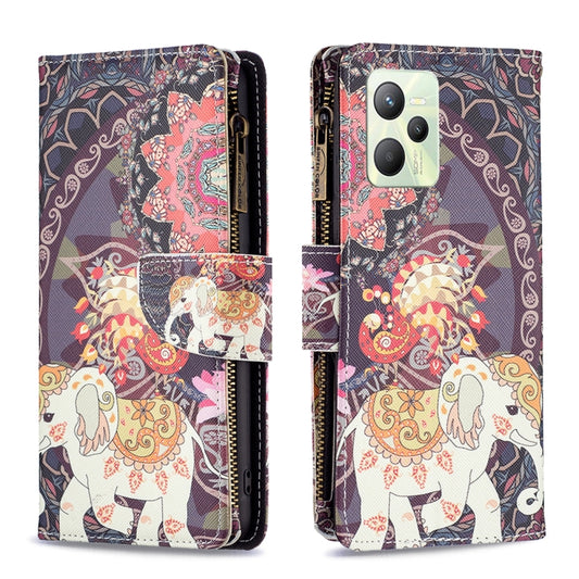 For OPPO Realme C35 Colored Drawing Pattern Zipper Leather Phone Case(Flower Elephants) by buy2fix