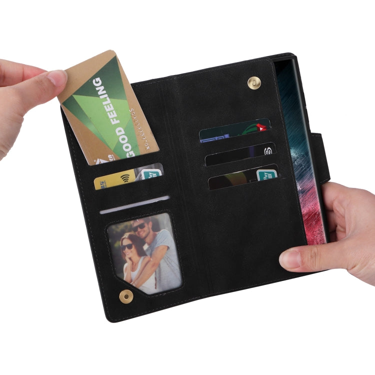 For Samsung Galaxy S22 Ultra 5G Rivet Buckle 9 Cards Three Fold Leather Phone Case(Black) by buy2fix