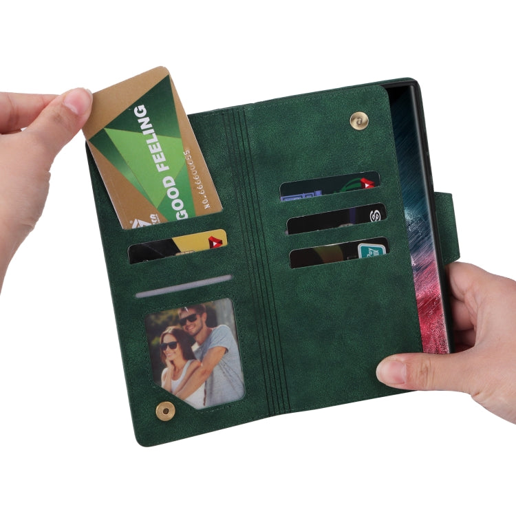 For Samsung Galaxy S22 Ultra 5G Rivet Buckle 9 Cards Three Fold Leather Phone Case(Green) by buy2fix