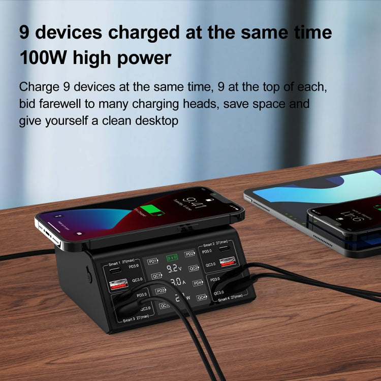 838w 9 in 1 100W 4 PD 3.0 USB-C / Type-C + 4 QC 3.0 USB Ports Smart Digital Display Wireless Charger, UK Plug(Black) by buy2fix