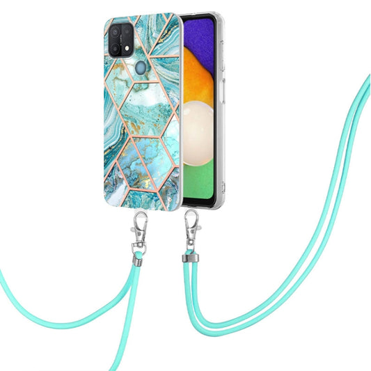 For OPPO A15 / A15s Electroplating Splicing Marble TPU Phone Case with Lanyard(Blue) by buy2fix
