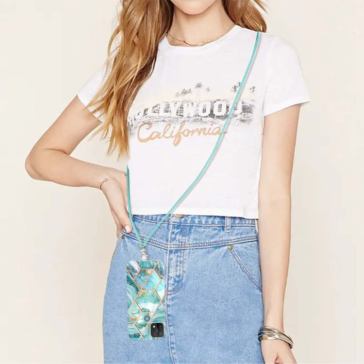 For OPPO A15 / A15s Electroplating Splicing Marble TPU Phone Case with Lanyard(Blue) by buy2fix