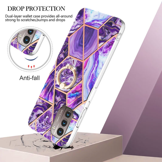 For Nokia G21 / G11 Splicing Marble Pattern Dual-side IMD TPU Ring Holder Case(Dark Purple) by buy2fix
