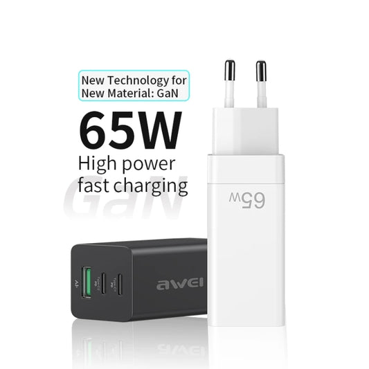 awei PD9 65W Dual Type-C / USB-C + USB GaN Fast Charging Travel Charger, EU Plug(White) by awei