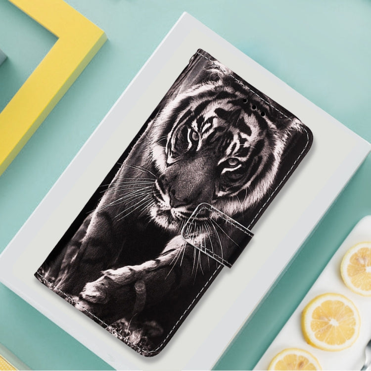 For Motorola Moto G22 Colored Drawing Plain Weave Leather Phone Case(Black White Tiger) by buy2fix