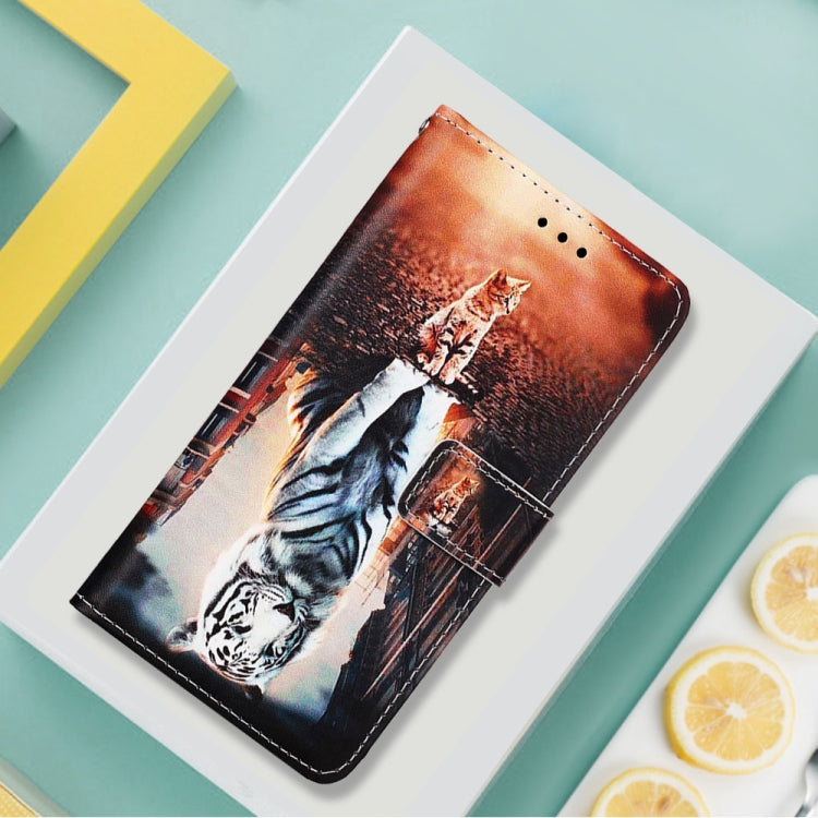 For Motorola Moto G22 Colored Drawing Plain Weave Leather Phone Case(Cat And Tiger) by buy2fix