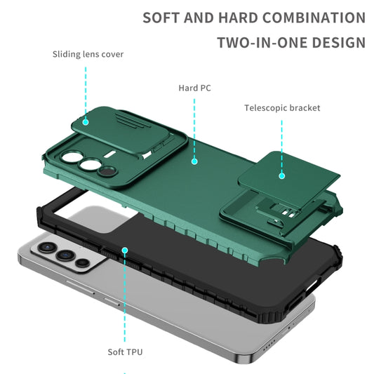 For vivo V23 5G Stereoscopic Holder Sliding Camshield Phone Case(Dark Green) by buy2fix