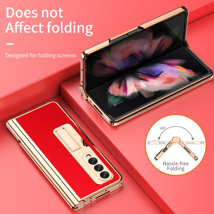 For Samsung Galaxy Z Fold3 5G Litchi Texture Leather Hinged Electroplated Phone Case with S Pen Fold Edition & Protective Film(Red) by buy2fix