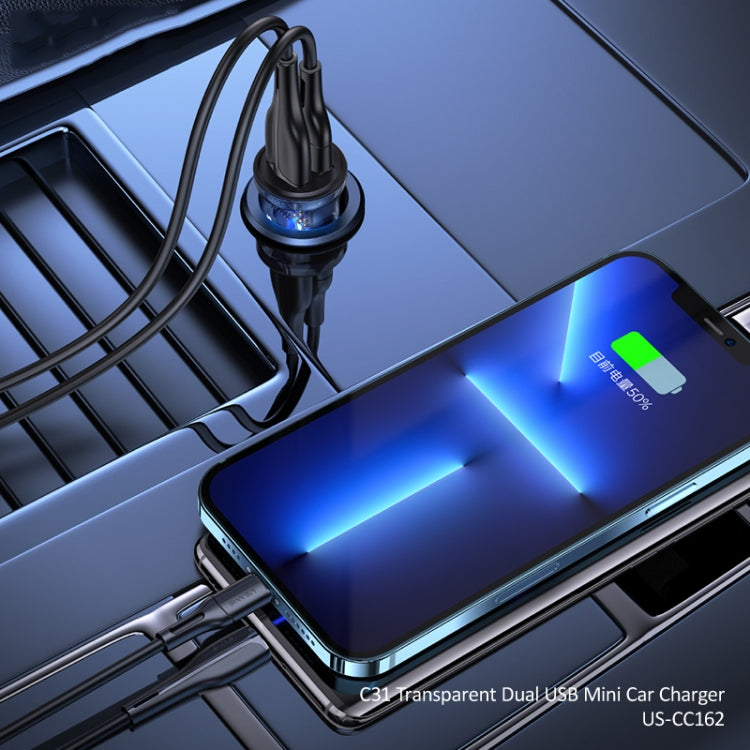 USAMS US-CC162 C31 5V3A Transparent Dual USB Mini Car Charger(Black) by USAMS