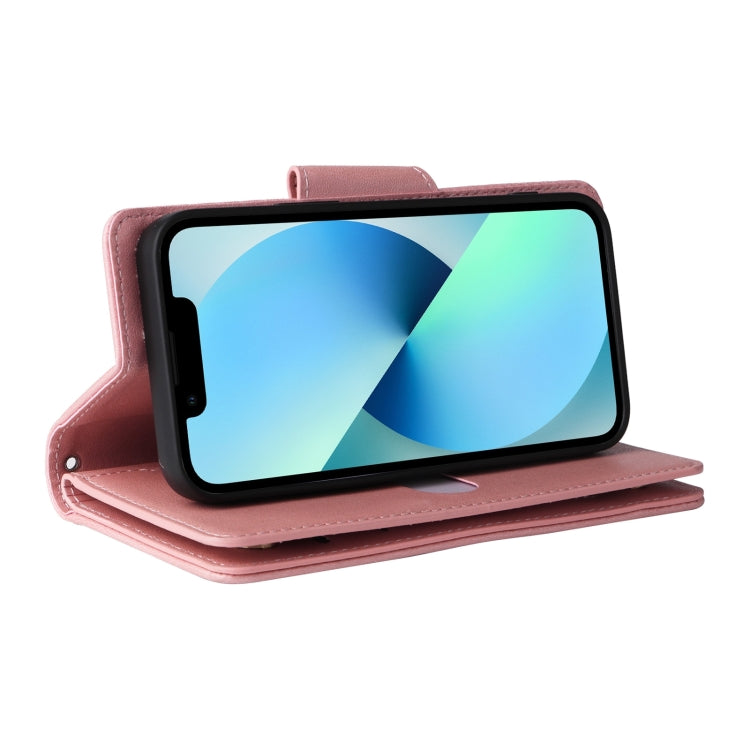 For iPhone 13 Rivet Buckle 9 Cards Three Fold Leather Phone Case(Rose Gold) by buy2fix