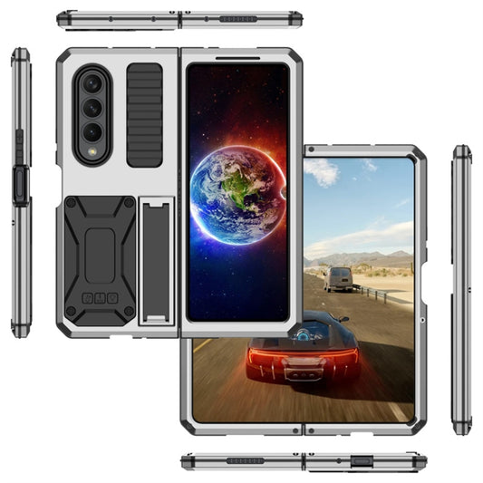 For Samsung Galaxy Z Fold4 Metal Shock-proof Phone Case With Holder(Silver) by buy2fix