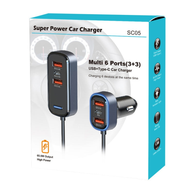 SC05 65.5W 6 in 1 PD / QC3.0 Fast Charge Extended Car Charger by buy2fix