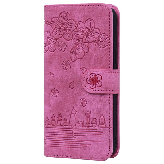 For Xiaomi Redmi Note 11 / Note 11S Global Cartoon Sakura Cat Embossed Leather Phone Case(Rose Red) by buy2fix