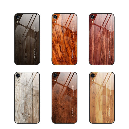 For iPhone XR Wood Grain Glass Protective Case(Yellow) by buy2fix