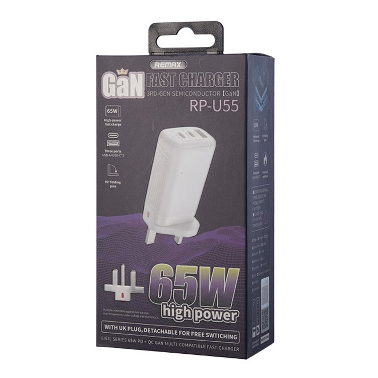 REMAX RP-U55 Territory Series 65W USB+Dual USB-C / Type-C Interface Fast Charger, Specification:UK Plug(White) by REMAX