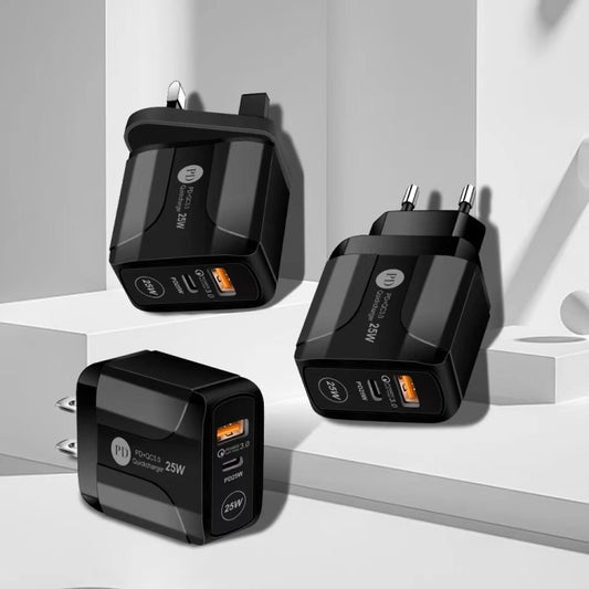 25W PD Type-C + QC3.0 USB Ports Travel Charger, Plug Type:US Plug(Black) by buy2fix
