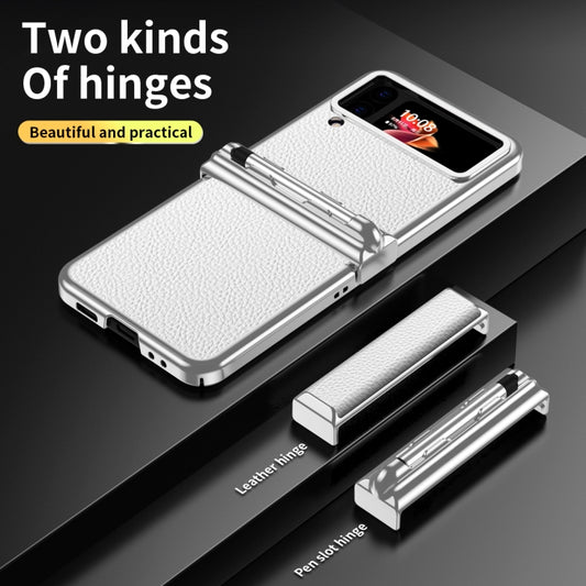 For Samsung Galaxy Z Flip4 Litchi Texture Leather Hinged Electroplated Phone Case with Pen(Silver White) by buy2fix