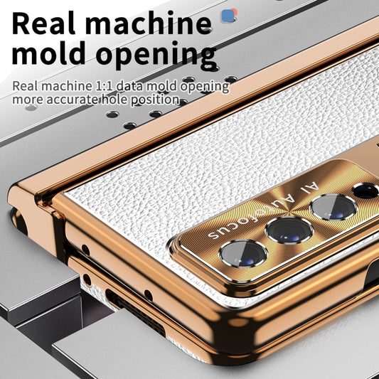 For Samsung Galaxy Z Fold3 5G Litchi Pattern Magnetic Shell Film Integrated Shockproof Phone Case(Silver Gold) by buy2fix