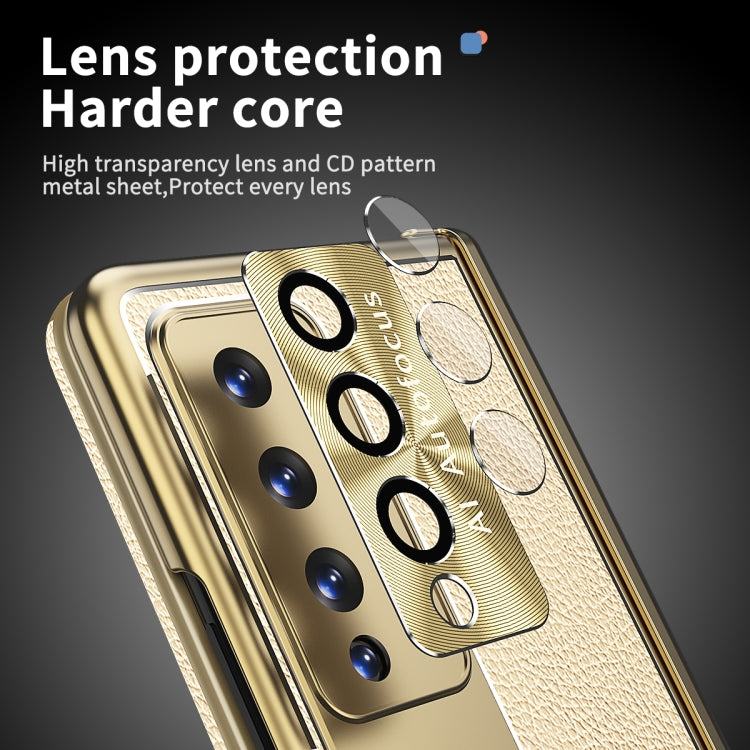 For Samsung Galaxy Z Fold4 Litchi Pattern Magnetic Shell Film Integrated Shockproof Phone Case(Champagne Gold) by buy2fix