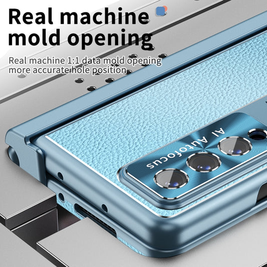 For Samsung Galaxy Z Fold4 Litchi Pattern Magnetic Shell Film Integrated Shockproof Phone Case(Far Peak Blue) by buy2fix