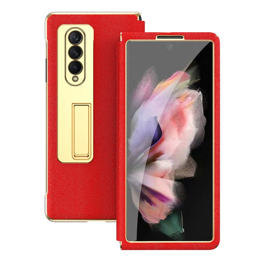For Samsung Galaxy Z Fold4 Cross Texture Integrated Electroplating Hinge Flip Phone Case with Tempered Film(Red) by buy2fix