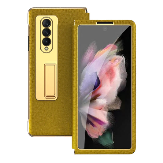 For Samsung Galaxy Z Fold4 Cross Texture Integrated Electroplating Hinge Flip Phone Case with Tempered Film(Gold) by buy2fix