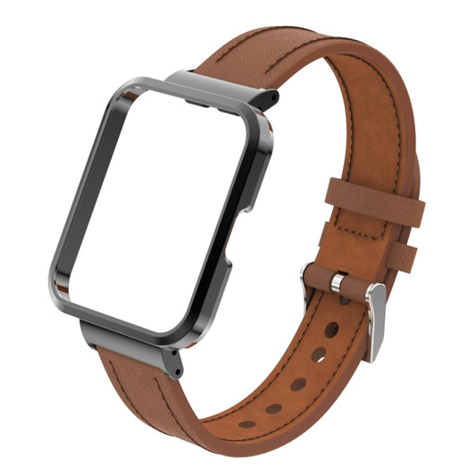 For Xiaomi Mi Watch Lite / Redmi Watch Genuine Leather Metal Case Integrated Watch Band(Brown) by buy2fix
