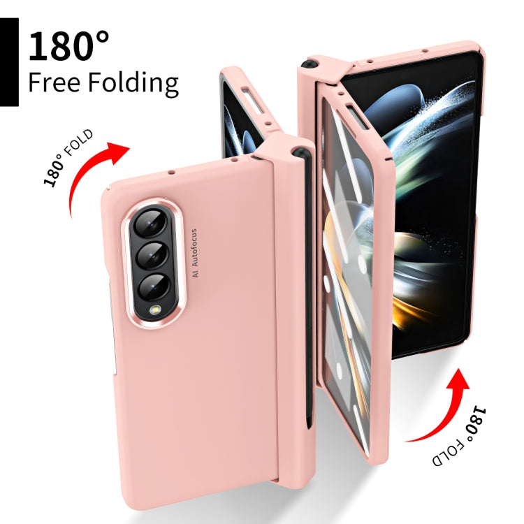 For Samsung Galaxy Z Fold4 Skin Feel Two-color Contact Lens Hinge Flip Phone Case with Pen Slot(Pink) by buy2fix